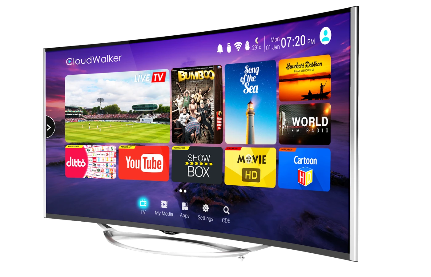Fos TV premium IPTV streaming on a curved smart TV — live cricket, movies, and 24,000+ channels